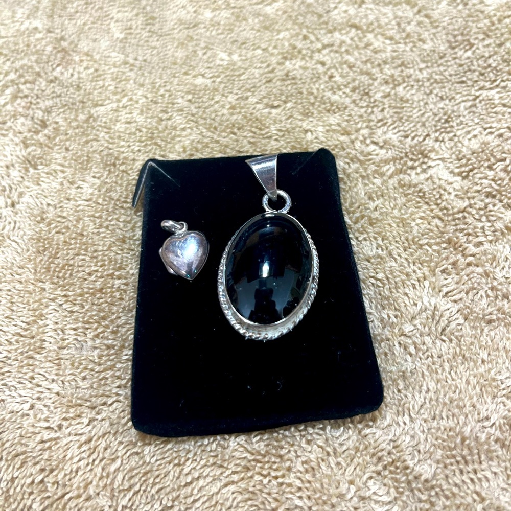 Black Onyx Sterling silver charm and small sterling silver heart charm
